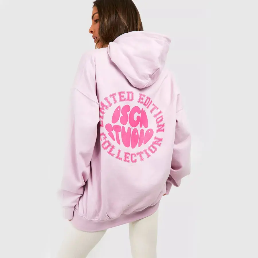 High Quality Women Pink Colour 300 GSM Fleece Oversized Pullover Hoodie With Screen Printed Design On Back For Sale