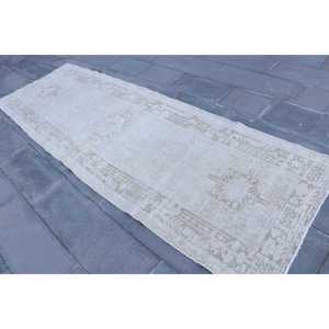 Turkish <b>Runner</b> <b>Rug</b> 3.3x10.3 ft, Vintage White Abstract Wool <b>Rug</b> - Product Image 2