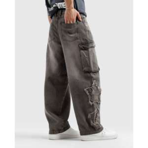 Jean cargo Star vintage style hip-hop en denim délavé avec patchwork tricoté, brodé et délavé foncé pour l'hiver - Product Image 1