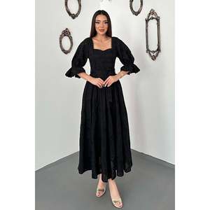 Black Embroidered <b>Dress</b> with <b>Elasticated</b> Sleeves - Black - Product Image 2
