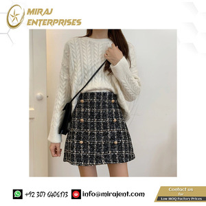 ขนาดบวกโรงเรียนหญิงสูงเอวกระโปรงสตรีชุดกระโปรงแฟชั่นที่กําหนดเอง Tweed ลายสก๊อตสั้นสายมินิสีดําถักกระโปรงเกาหลี - Product Image 3