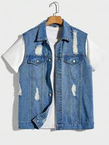 Chaleco de mezclilla para los hombres modernos Chaleco de mezclilla elegante vintage informal Un armario Esencial Desgastado Estilo fresco sin esfuerzo - Product Image 3