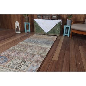 Tapis turc 2,6 x 10,2 pieds, tapis vintage patchwork, tapis beige géométrique avec éléments floraux - Product Image 5