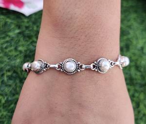 Gift for Wedding <b>Solid</b> 925 Sterling <b>Silver</b> Pearl Gemstone Handmade Fine <b>Silver</b> <b>Bracelet</b> Jewelry 925 Stamp <b>Silver</b> Jewelry - Product Image 2