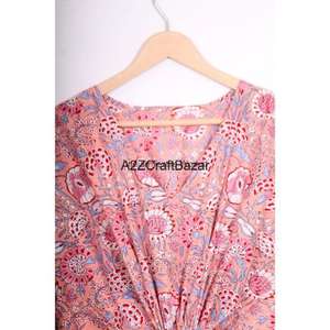 Robe midi bohème à imprimé floral, en coton écologique, lavable, respirante, faite à la main, col en V, manches courtes, moulante, été, pour femmes - Product Image 4