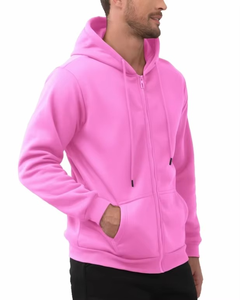 Sudadera con Capucha Rosa para Hombre, Cierre de Cremallera, Felpa, Corte Regular, Color Sólido, Informal, con Bolsillo, para Otoño - Product Image 3