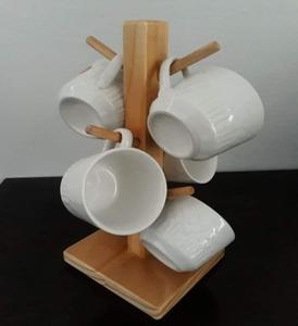 Wooden Holder Stand Coffee Cup Mug Tree Rack Countertop Kitchen <b>Storage</b> Organizer Display Hanging 6 Hook Wood Base Tabletop - Product Image 1