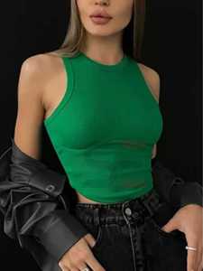 New Women's Solid Pattern Rib Tank <b>Top</b> Custom Printed Short Length Singlet Vest High Street Halter <b>Top</b> Woven Fabric Wholesales - Product Image 4