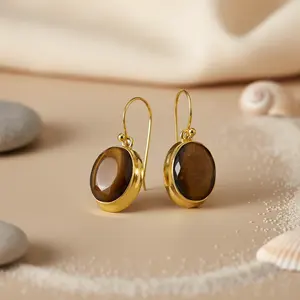 Gold Plating Tiger Eye <b>Earrings</b> Elegant Oval Gemstone <b>Dangle</b> Drop Pendant for Women for Weddings Featuring Pearl and <b>Diamond</b> - Product Image 3