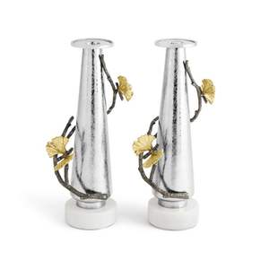 Dual arm metal <b>candle</b> holder for tabletop use with curvy detailing perfect for romantic or <b>gothic</b> themed arrangements - Product Image 1