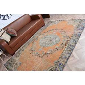 พรมวินเทจตุรกีขนาดใหญ่ 5.4x8.9 ฟุต สีส้มน้ำเงิน พรมขนสัตว์สไตล์โอเรียนทัล - Product Image 4