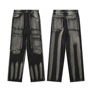 Diseñador de moda de los hombres de corte recto Vintage lavado Patchwork Denim Jeans High Street Sand Snow Scratch Look para Streetwear - Product Image 5