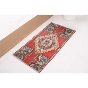 Turkish 1.4x2.7 ft Rug, Small Vintage Rug, Red <b>Yellow</b> Bordered Rug - Product Image 4