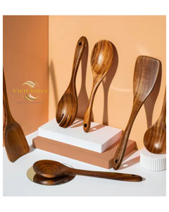 Juego de Utensilios de Cocina de Madera de Teca de 6 Piezas Vietchoice Hilda a Precio Económico con Espátulas, Cucharas y Tenedores de Mango Largo - Apto para Lavavajillas - Product Image 6