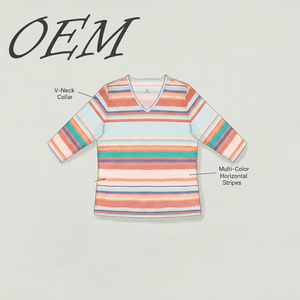 Custom Casual <b>Rainbow</b> Striped Knitted Women's T-<b>Shirt</b> V-Neck 3/4 Sleeve OEKO-TEX Certified Breathable Top Eco-Friendly Spring - Product Image 6