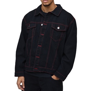 Veste en jean décontractée brodée coupe oversize coupe-vent à épaules tombantes pour homme, noire délavée, 100 % coton, hiver - Product Image 1