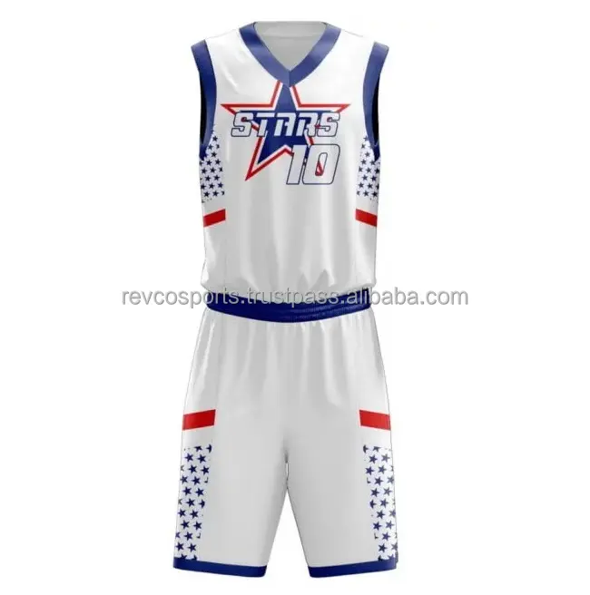 Unisex Basketball Uniformen weiß Blue Star Basketball Uniform Set für Frauen Schöne V-Ausschnitt Ärmel weniger Basketball Trikot