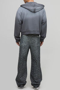 Ensemble de survêtement streetwear en coton mélangé respirant, avec sweat à capuche zippé et pantalon évasé, orné de strass délavés effet soleil, personnalisable par le fournisseur OEM - Product Image 2