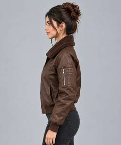 Brown Winter PU Leather Woven Bomber <b>Jacket</b> <b>Fur</b> Collar Zipper Sherpa <b>Lined</b> for Women Streetwear - Product Image 4
