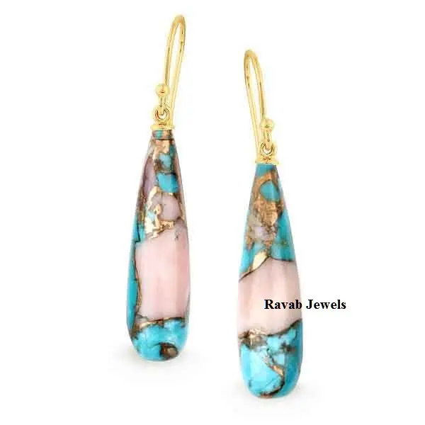 Secreat Beauty Natural Pink Opal Copper Turquoise Gemstone 925 Sterling Silver Gold Plated Long Drops Dangle Earrings For Women