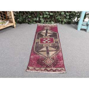 Alfombra Vintage, Pequeña Alfombra Turca de 1.1x3.2 pies, Alfombra de Lana Roja Marrón Estilo Suroeste - Product Image 4