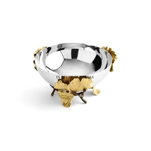 Bol de forme ronde en bois d'acacia de qualité supérieure avec base polie brillante argentée et feuilles plaquées or Fournitures de créateur - Product Image 6