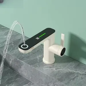 Yeni tasarım banyo lavabo musluğu gri krem rengi Modern lüks banyo LED dijital ekran bakır pirinç havza musluk
