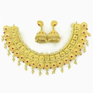 Ensemble collier et boucles d'oreilles de mariage en laiton plaqué or 14K 18K 24K de fabrication indienne, design floral court, vente en gros - Product Image 3