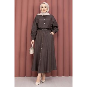 Casual Coffee Brown Shirt & <b>Skirt</b> Set Printed Floral Tencel Knitting Modest Style - Product Image 3