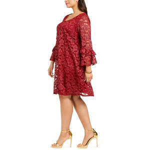 Abito da donna Robbie Bee taglie forti 1X rosso in pizzo con maniche a campana, stile vintage, stampa floreale, silhouette ampia a trapezio, lunghezza al ginocchio - Product Image 3