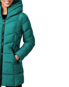 Customized Women Long Quilted Puffer Jacket Dark Olive Green Hooded Lightweight Winter Coat With Zipper <b>For</b> Casual Outdoor Wear - Product Image 3