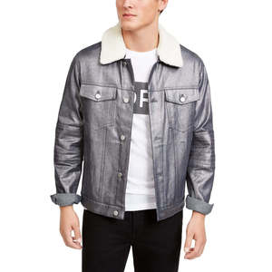 For Michael Kors Men's Large <b>Silver</b> Metallic Denim Moto Biker <b>Jacket</b> Shearling Collar Distressed Finish Button Patchwork Print - Product Image 1