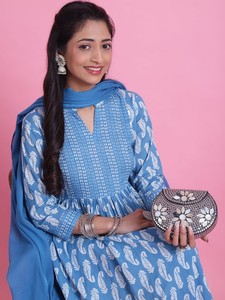 Mujeres motivos étnicos estampado mandarín cuello puro algodón A-Line Kurta con Palazzos y Dupatta indio Pakistán Salwar kameez - Product Image 4