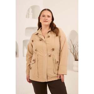 Manteau trench crème grande taille pour femme RMG avec applique florale - Vêtement d'extérieur en mélange de coton tissé pour l'automne et l'hiver - Product Image 1