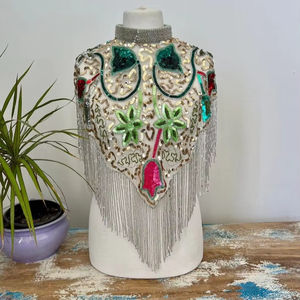 Elegant <b>Ladies</b> Evening Party Dress with Beaded <b>Cape</b> Anti-Static Beautiful Embroidered Pearls Fringes Features - Product Image 1