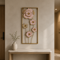 Décoration murale moderne en métal 3D en forme de fleur avec cadre doré, sculpture murale florale rose et or, décoration intérieure pour salon et chambre à coucher