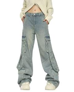 <b>Light</b> <b>Blue</b> Cargo <b>Jeans</b> <b>Women</b> High Waist Wide Leg Denim Pants With Strap Pockets Streetwear Fashion Manufacturer Supply OEM - Product Image 1