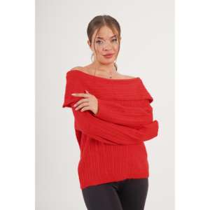 Pull en tricot rouge décontracté à épaules dénudées avec col style Madonna, vente en gros - Product Image 3