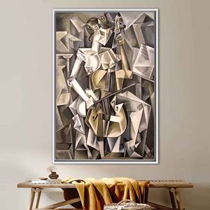 <b>Large</b> Printed Canvas <b>Art</b>: Abstract Woman Cello Musician Cubism Decor,White Framed - Product Image 1