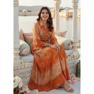 Robe maxi à volants à imprimé ethnique pour femmes, robe longue à boutons sur le devant avec manches cloche, robe de fête de villégiature festive - Product Image 6