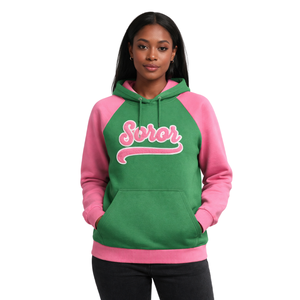 Green Soror Raglan Sleeve Hoodie Greek Sorority <b>Womens</b> Pink & Green College Sisterhood Stylish Casual Hoodie Apparel - Product Image 1