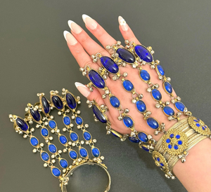 Stunning Tribal Kuchi Bracelet With Deep Royal <b>Blue</b> Lapis Style Cabochons And Danging Silver Bells Cascading From An Ornate - Product Image 1