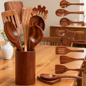 Support à cuillères en bois d'acacia, cuillère à salade et cuillère de service, cuisine, pour hôtels, maisons, restaurants - Product Image 2