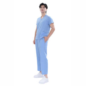 Ensemble de blouses médicales unisexes bleues en tissu TR extensible à manches courtes, avec logo personnalisé, style OEM, pour infirmières musulmanes - Product Image 3