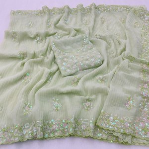 Saree georgette pakistanaise de créateur avec une belle séquence de travail Bordure en dentelle Festival Tenue de mariage pour la fête - Product Image 5