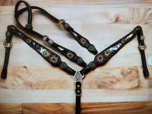 Premium Negro Marrón Diseño floral Conchos Pintado a mano Western Headstall Breastplate Set con características de herramientas duraderas - Product Image 1
