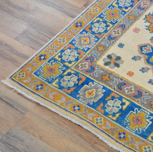 Tapis géométrique de style kazak tissé à la main bleu et ivoire pour la décoration de la maison du salon - Product Image 3