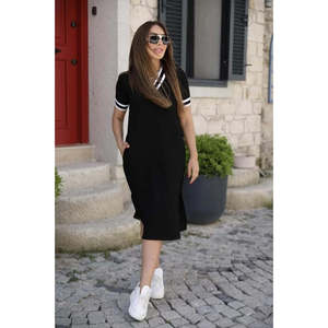 Women's Short Sleeve V-Neck Midi Length <b>Viscose</b> <b>Dress</b> with Ribbed Sleeves and Collar Detail, 37157 - Black - Product Image 2