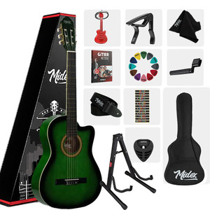 Kit de guitare classique verte 4/4 avec tige de tension réglable, support mural, sac, sangle, capo, médiators et livre de méthode |   Midex MGX-100GR - Product Image 1