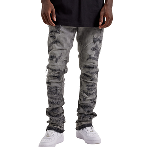 <b>Mens</b> <b>Grey</b> Distressed Denim <b>Jeans</b> Regular Fit Stacked Leg Casual Streetwear <b>Ripped</b> Vintage Washed Cotton XL Mid Waist Breathable - Product Image 1